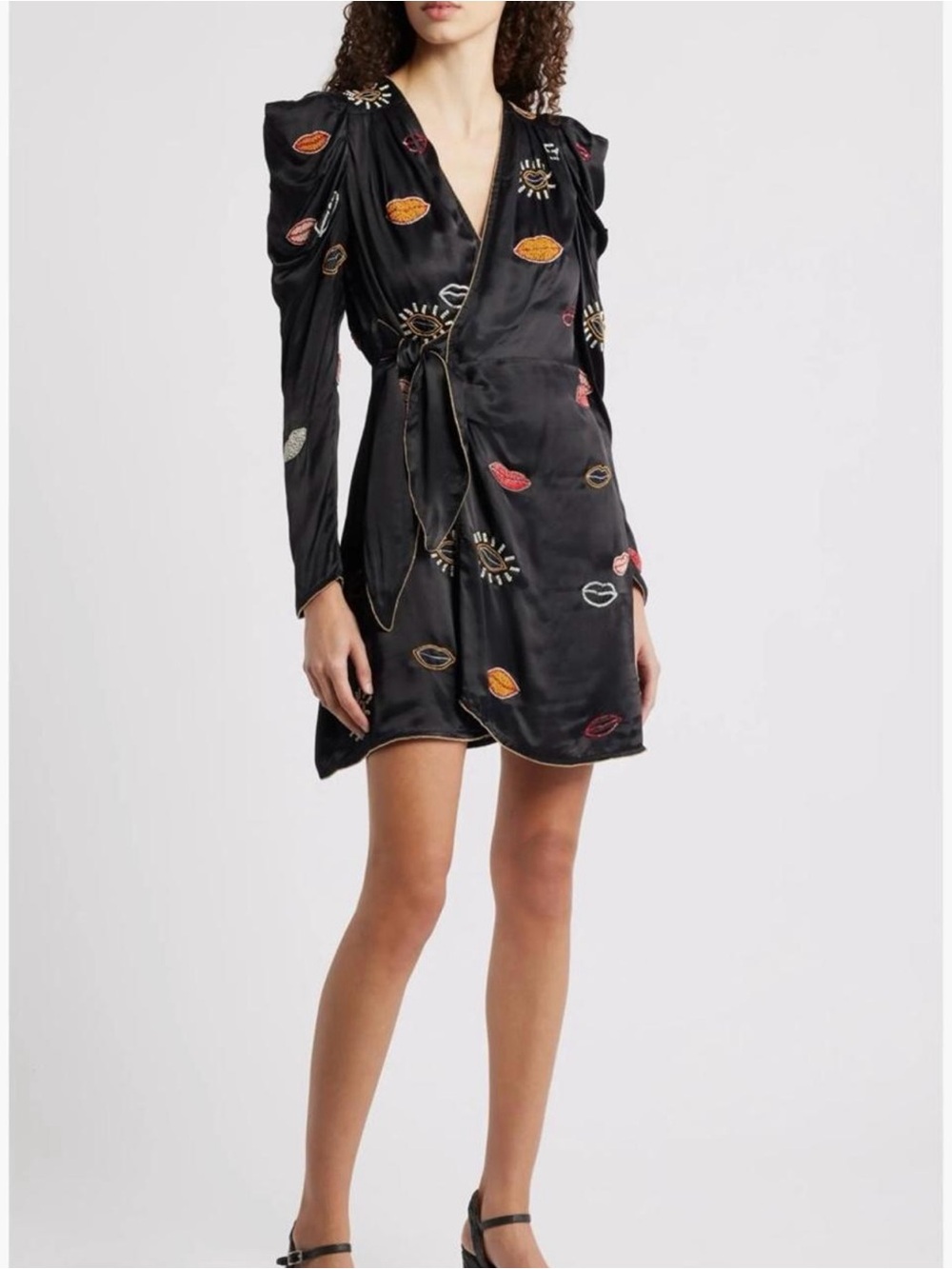 NWT FARM Rio Beaded Kisses wrap minidress in black